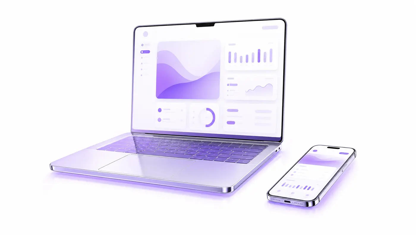 Aufgeklappter Laptop mit Analytics-Dashboard, daneben ein Smartphone – Beispiel einer von Aimquode gebauten Website